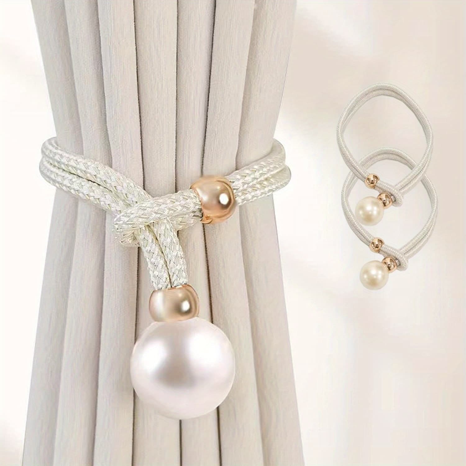 TEMU Adjustable Big Pearl Curtain Tiebacks Hand Woven Tie Back Decorative Rope Holdbacks For Curtains Draperies Curtain Ties For Home Bedroom Office Decorative Curtain, Cream