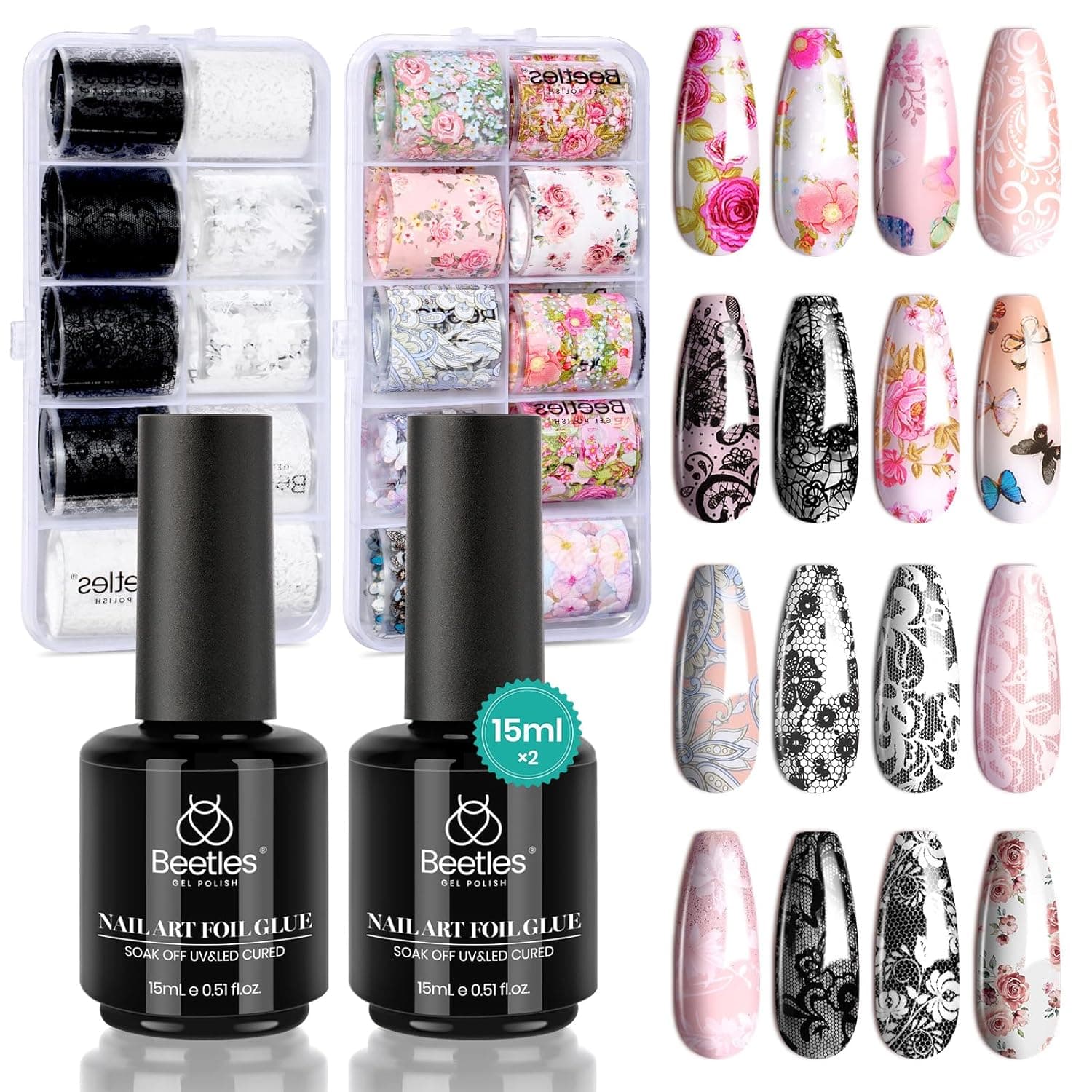 TEMU 2pcs Foil Glue Gel With 20pcs Lace Flower & Stickers Suitable For Diy Soak Off Nail Transfers, /led Lamp, Gel Polish For Manicure, Pedicure, Nail Gifts For Women