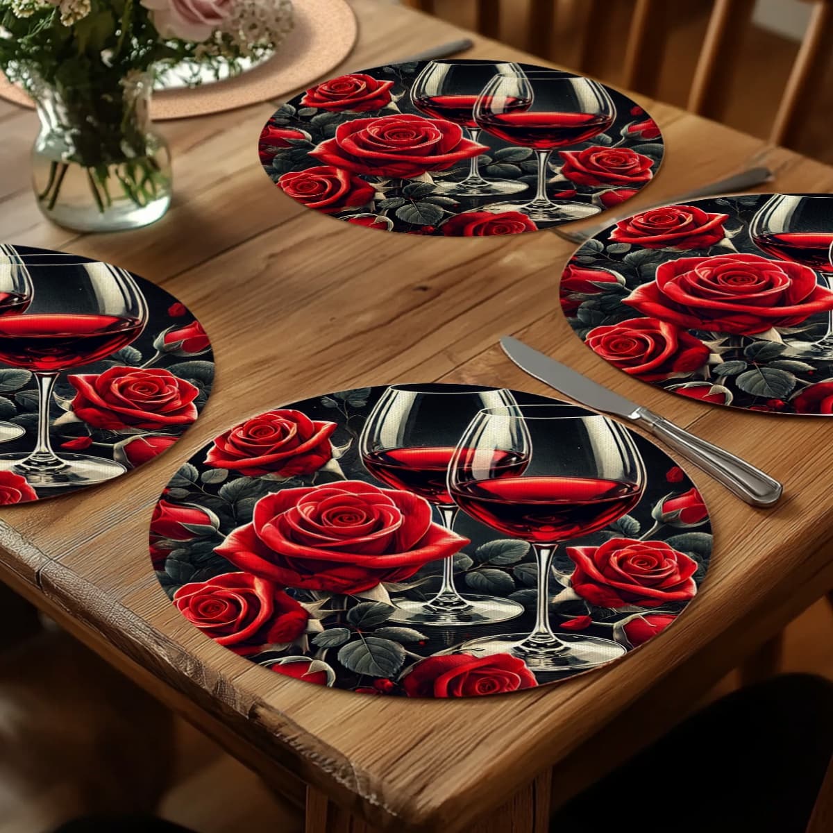 TEMU 4pcs Elegant Round Placemats Compatible For Devices - Glossy Red Roses & Wine Glasses Table Mats, Durable Table Protectors Suitable For Dining Table,, Romantic Dinner Decor - Hand Wash Only