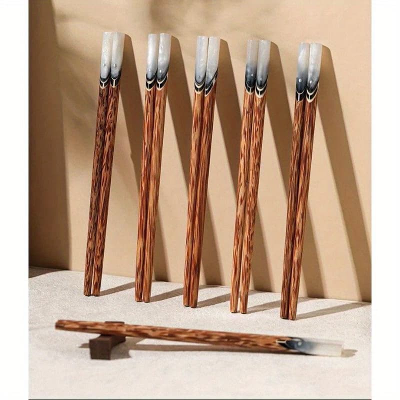 TEMU 5 Pairs Of Vietnamese Handmade Coconut Wood Chopsticks. Natural Shell Inlay With Anti-slip Wave Pattern. High-end Anti-mold Dining And Hotel Household Tableware. Set.