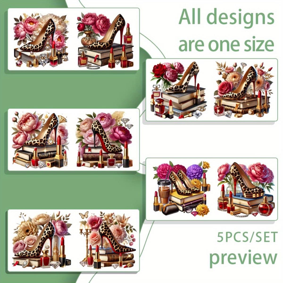 TEMU 5pcs/set Leopard Print Luxury High Heels 16oz Glass Jars Wrap Transfer Decorative Paper Uv Dtf High Self-adhensive Decor Transfer