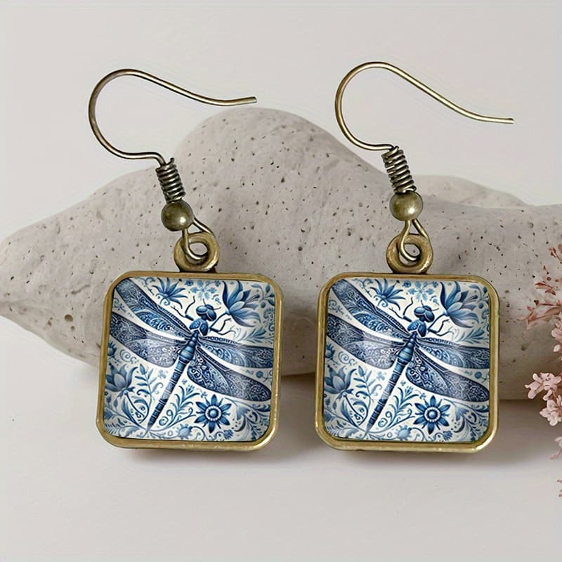 TEMU 1 Pair Dragonfly Square Earring Retro Glass Dangle Earrings Handmade Jewelry Gift For Friend