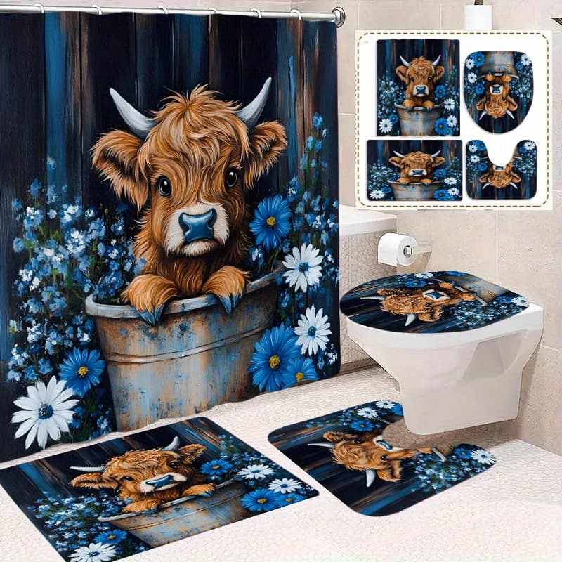 TEMU 4pcs Highland Cow Scottish Cow Bathroom Set - Blue Flower & Rustic Farmhouse Shower Curtain With Includes 12 Hooks, Shower Curtain, Bath Mat, U-shaped Rug, And Toilet Lid Cover