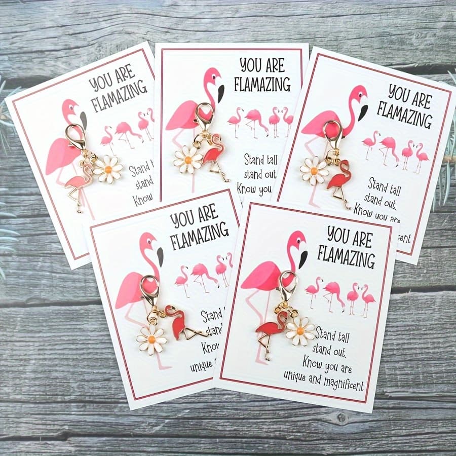 TEMU Flamingo Keychain Gift Set (5pcs) -- Inspirational Mini Keychain, Employee Recognition Thank You Card