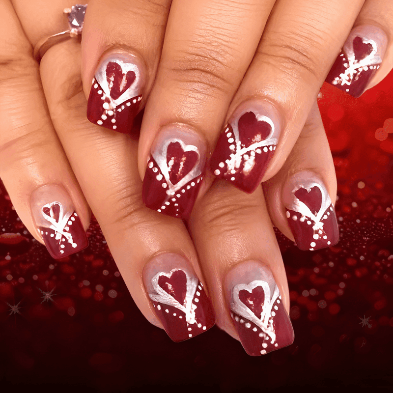 TEMU 48pcs Burgundy-silvery Heart - Valentine's Pattern, Square Shape, Removable Press-ons For Perfect Elegant Romantic Manicure, Nail Art Decor