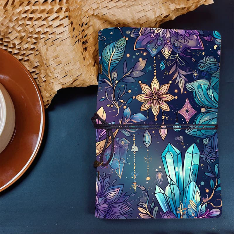 TEMU Vintage Leather Cover A6 Notebook Ideal For Holiday Gifts Journaling & More With, Flowers, Crystals, Leaves, Stars