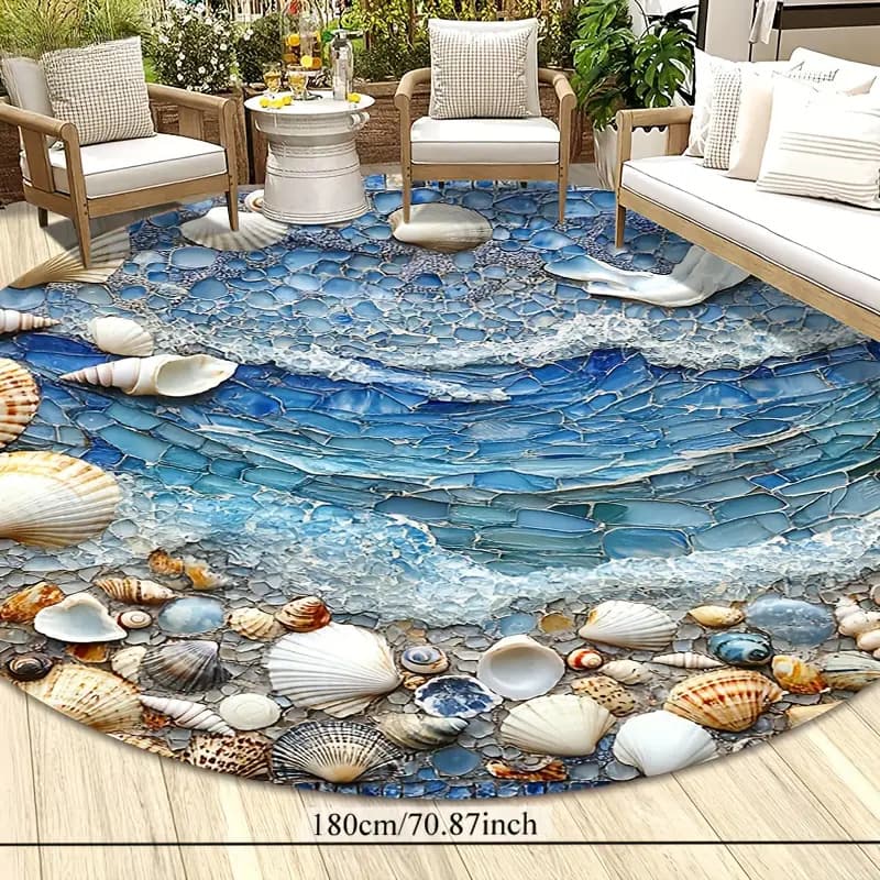 TEMU 1pc Round Area Mat, Soft Outdoor Rug, Non-slip Backing, Easy To Clean, Seashell Pattern - Perfect For Outdoor Spaces, Patio, Rv, Picnic, Spring Summer Decor, Terrace Decor Nautical Design