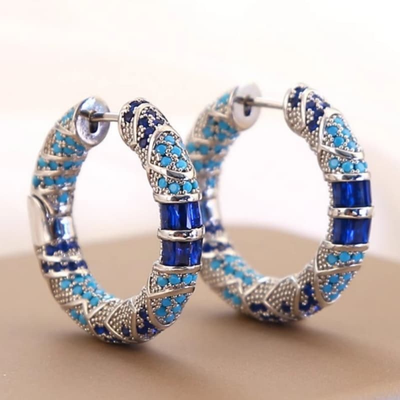 TEMU 1pair Luxury Inlay Blue Synthetic Zirconia Hoop Earrings Bridal Wedding Earrings Jewelry For Women Daily Banquet Charm Earrings
