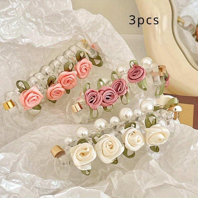 TEMU 3pcs Rose Hair Tie Set, Including Telephone Hair Ties And Spiral Hair Ties, Simple And Sweet Women's Hair Accessories