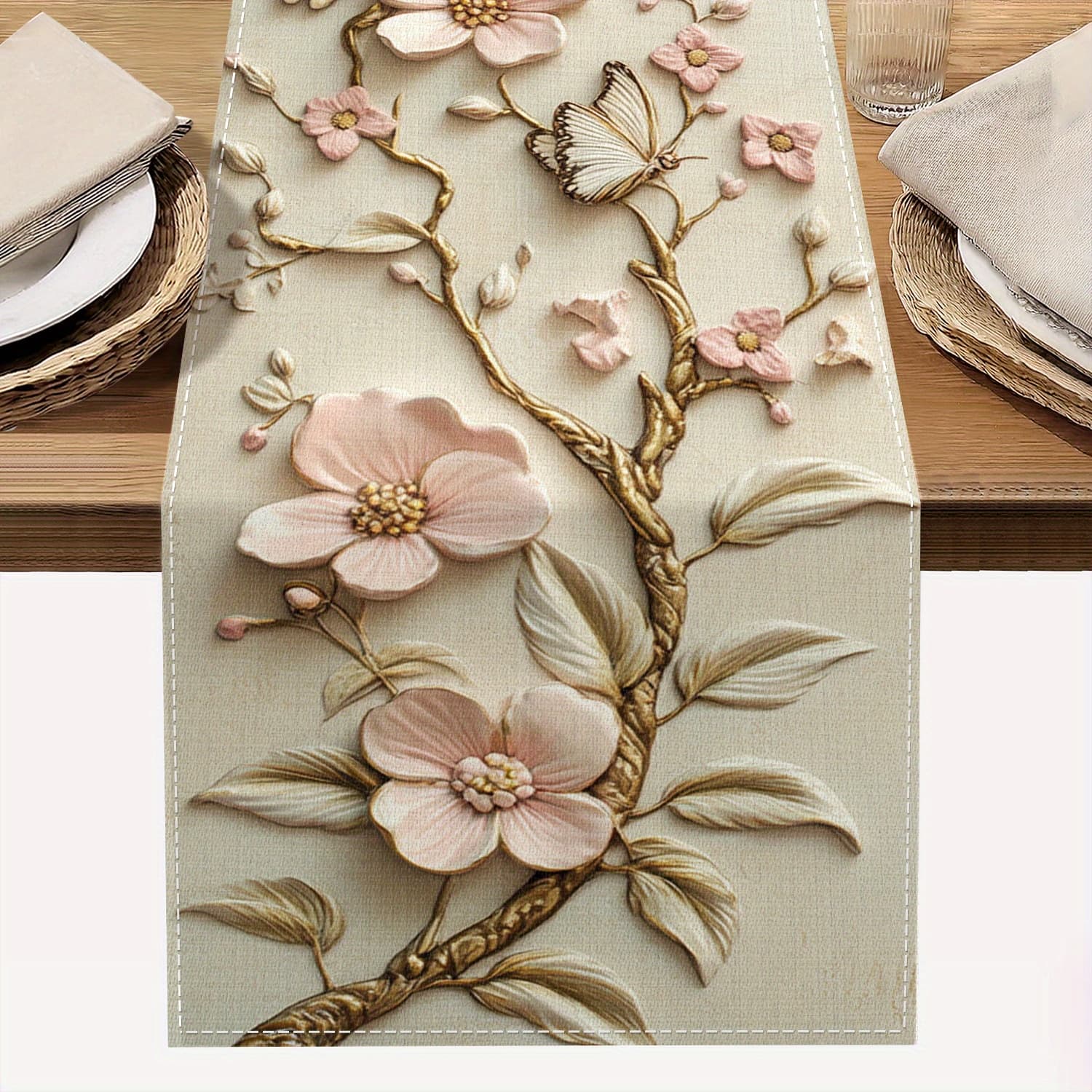 TEMU 1pc, Flower Floral Table Runner, Spring Summer Seasonal Kitchen Dining Table Decoration For Indoor Outdoor Home Party Decor 13 X 72 Inch