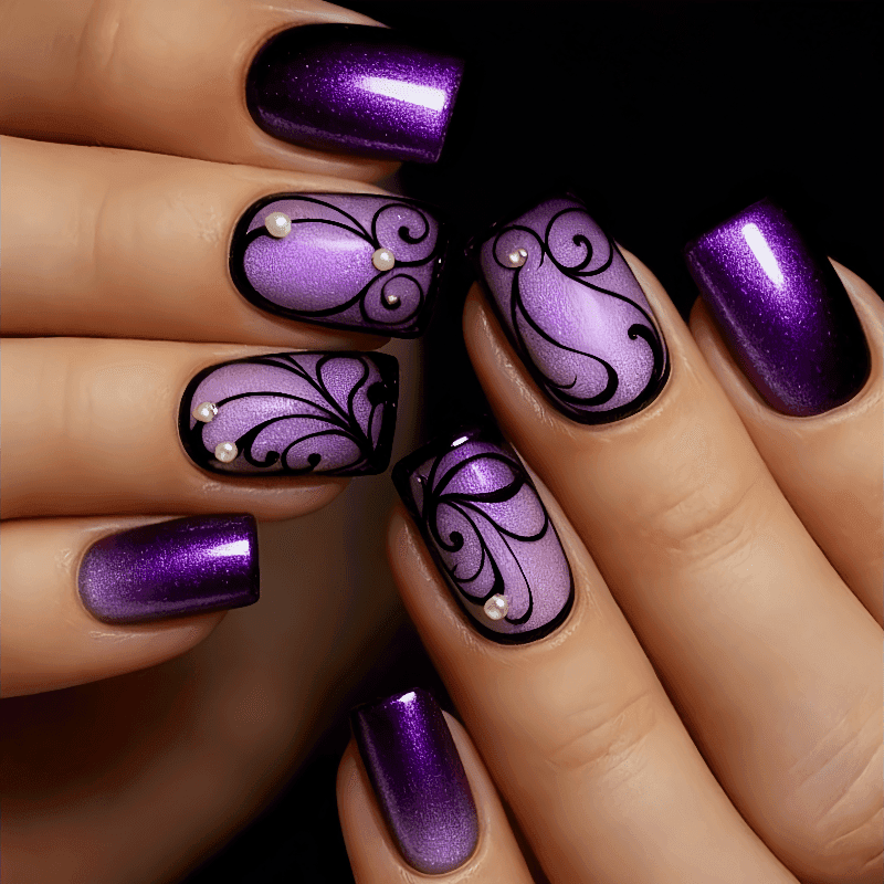 TEMU 48pcs Medium Length Square Purple , Purple Shiny, With 3d Design, Black Scroll Pattern, Suitable For Women To Wear During Festivals And Daily Life, Including Tools, Reusable And Detachable