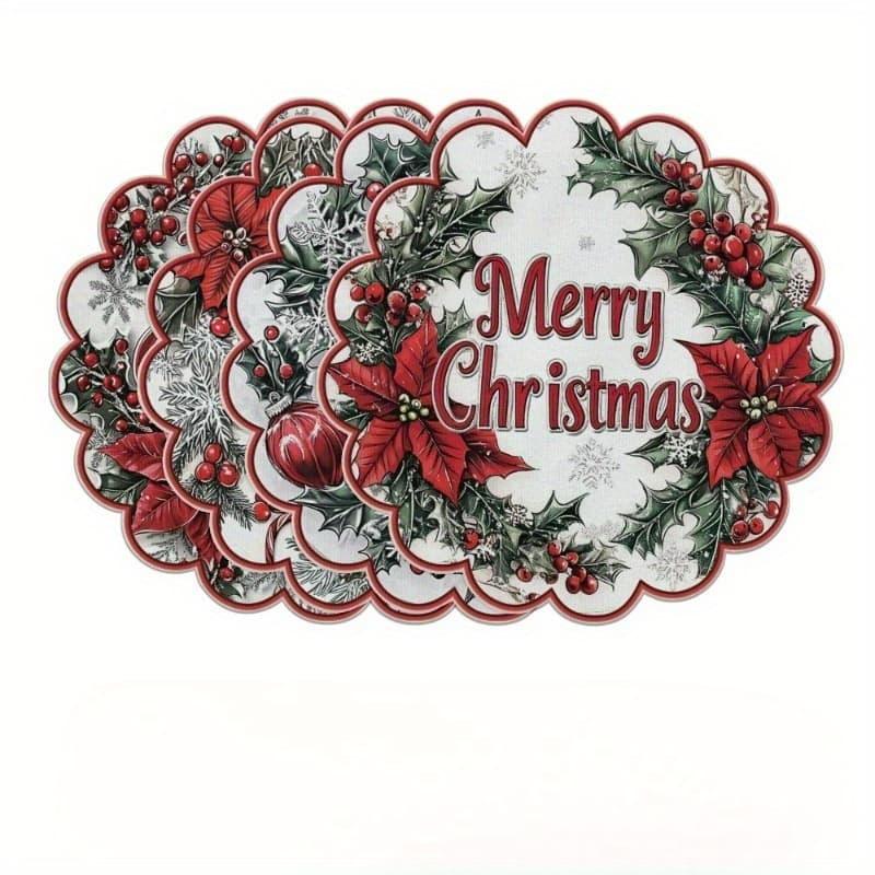 TEMU Set Of 4 Round Placemats Featuring A And Holly Design, Perfect For Christmas Celebrations. Decorative, Non-slip Fabric Mats Are Ideal For Holiday Dining And Party Decor, Measuring 15 Inches