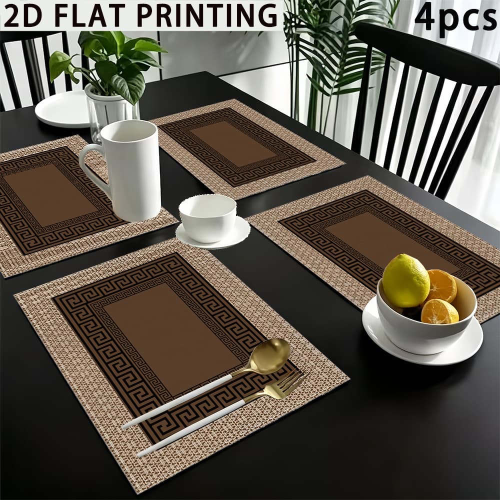 TEMU 4pcs Brown Meander Placemats With Golden And Beige Accents, 12x18 Inch Polyester Table Mats, Suitable For All , Holiday Family Parties, Indoor/outdoor Kitchen Dining Table Decor