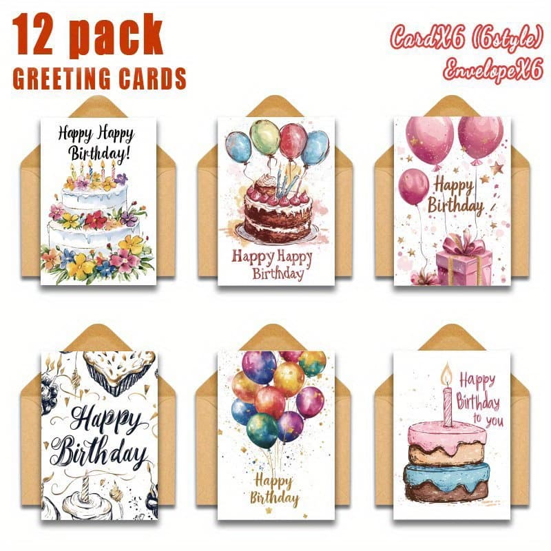 TEMU 12/24pcs Set Of Envelope-included Simple Cake Birthday Cards, Multi-occasion Mixed Blank Greeting Cards For Gifts To Girlfriend, , Family