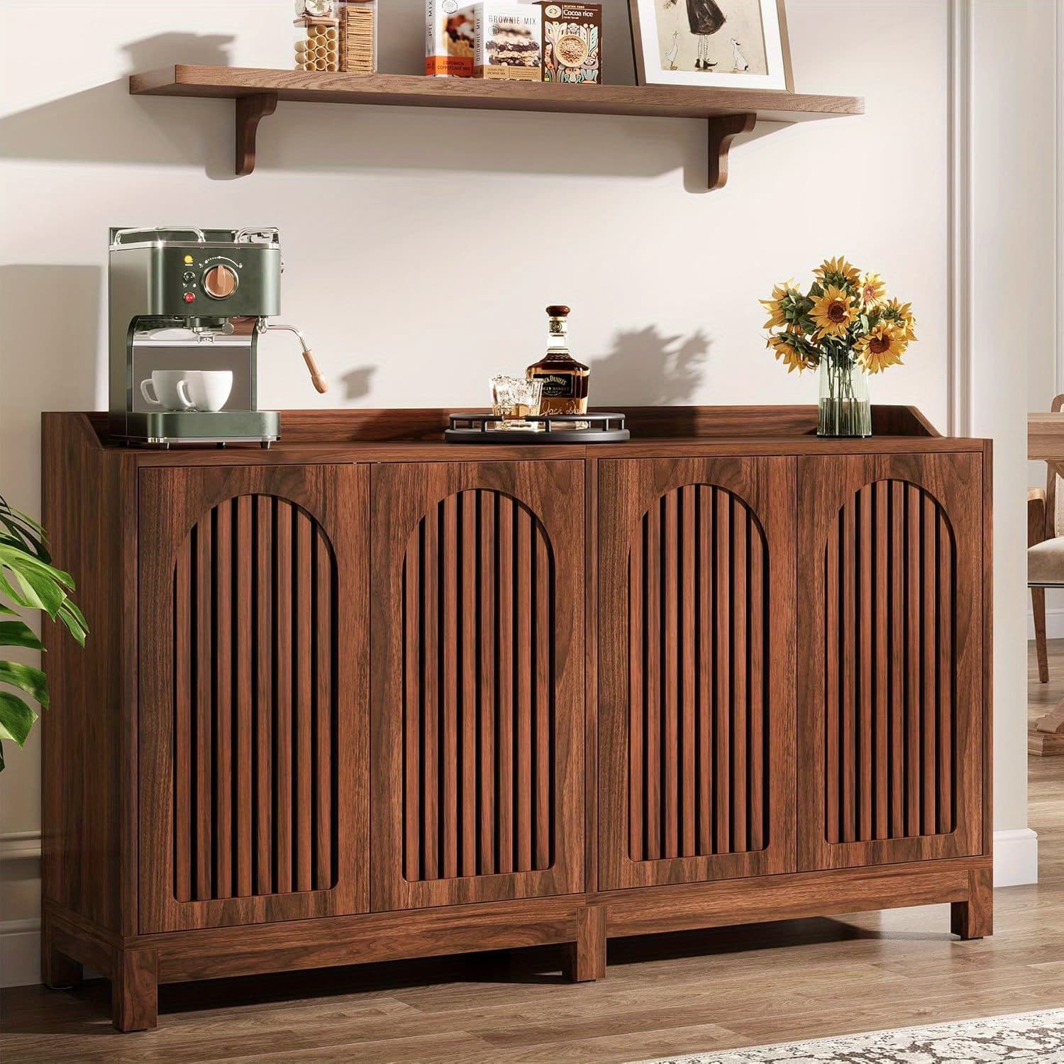 TEMU 57" Modern Buffet Cabinet With Lockable Doors & Adjustable Shelves - & Wood Freestanding Long Sideboard Suitable For Dining Room, Living Room, Kitchen -