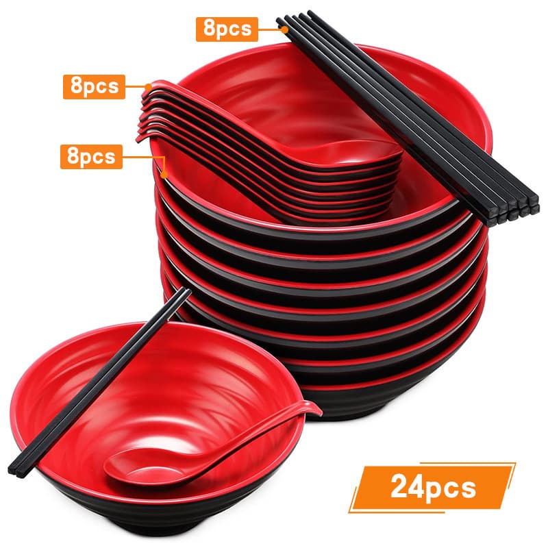TEMU 24pcs 8-set Japanese Noodle Dinnerware With Large Chinese Bowls, Includes Spoons And Chopsticks, Suitable For Ramen, Instant Noodles, , Soba, And Other Asian Dishes