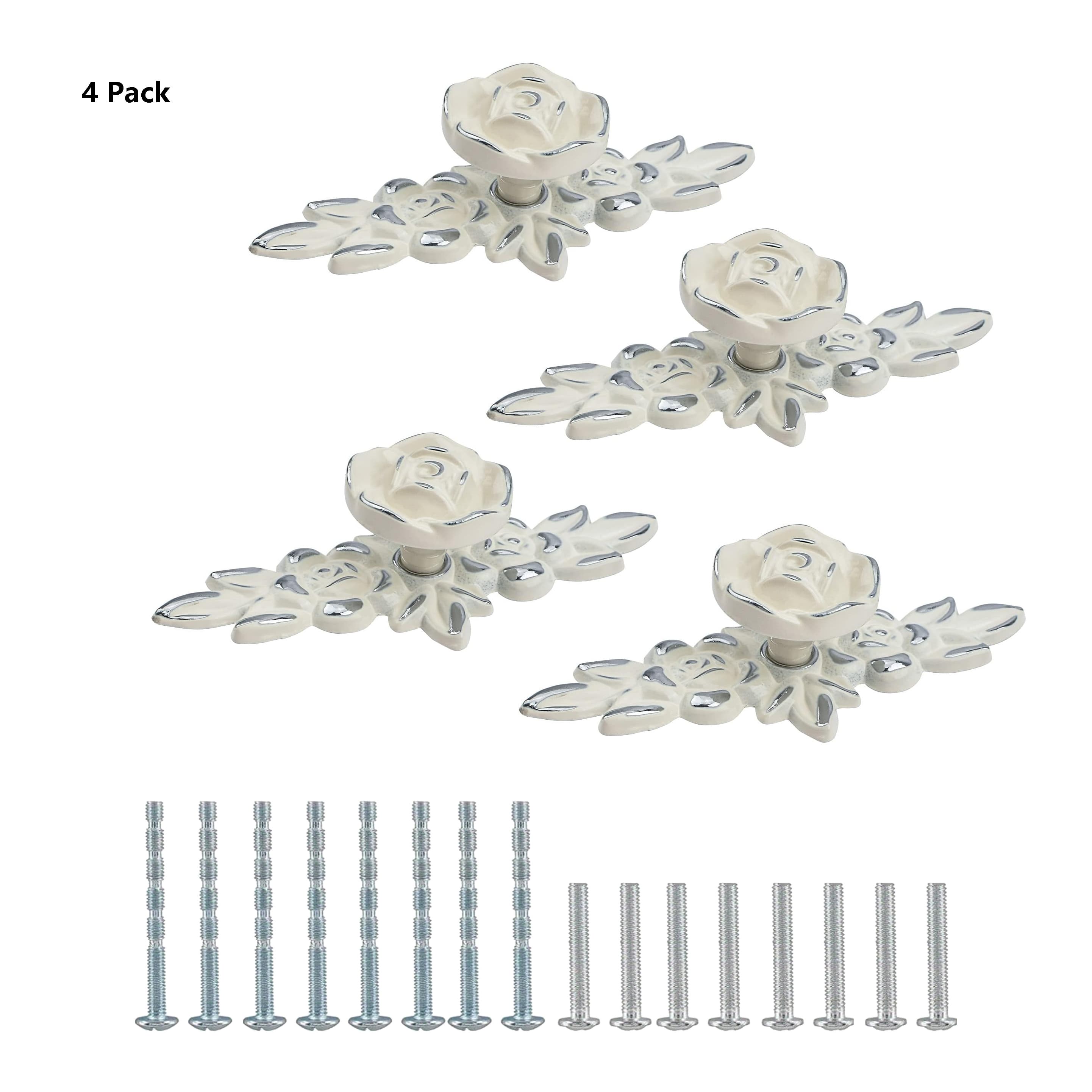 TEMU Elegant 4pcs Euro Rose Cabinet Knobs With Silvery Accents - Alloy Drawer Pulls For Dressers & Wardrobes, Includes Mounting Screws, Backplate, Vintage