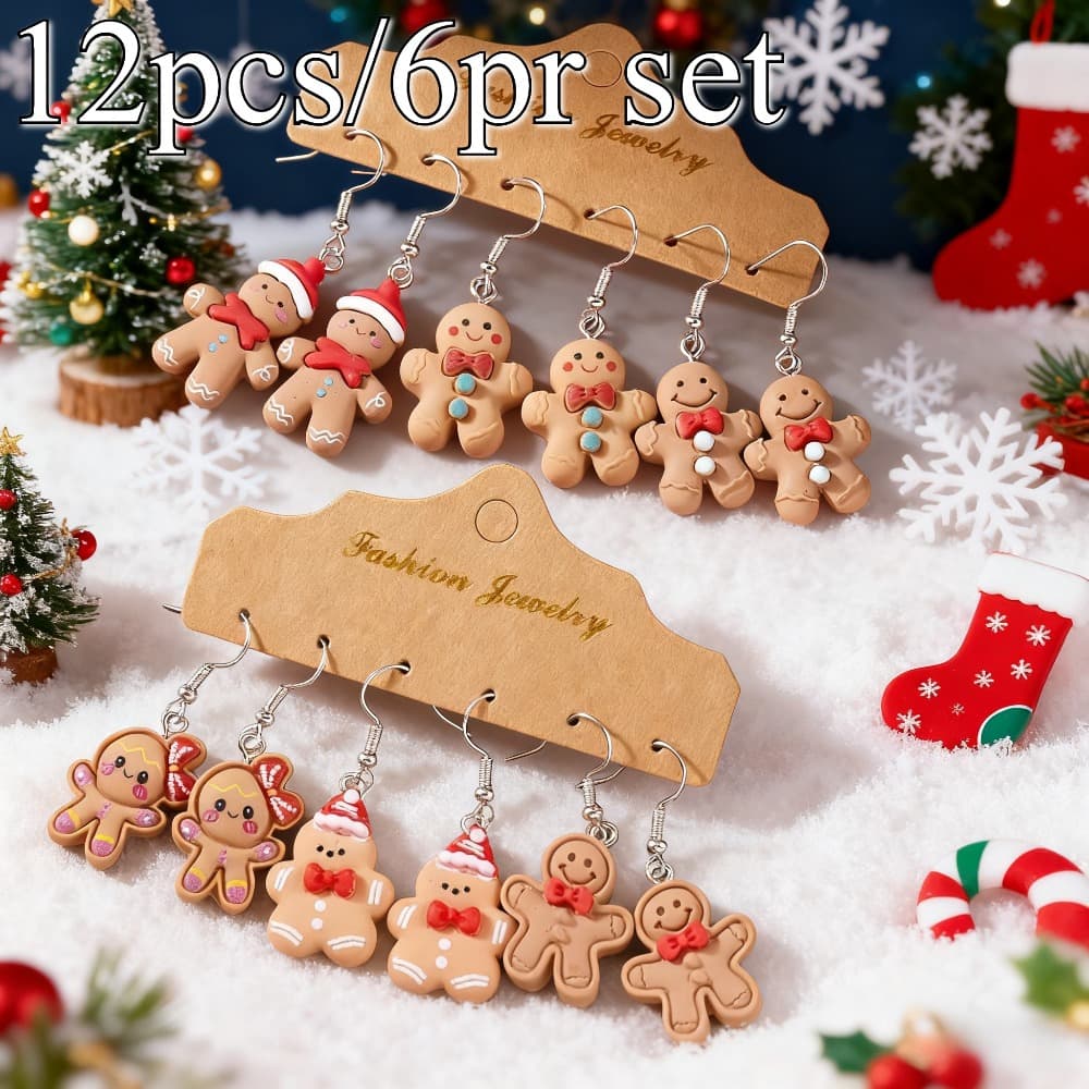 TEMU 12pcs/ 6pr Christmas Gingerbread Man Earrings Set, Cute Fashion Resin Gingerbread Man Pendant, Christmas Party Supplies, Party Favors