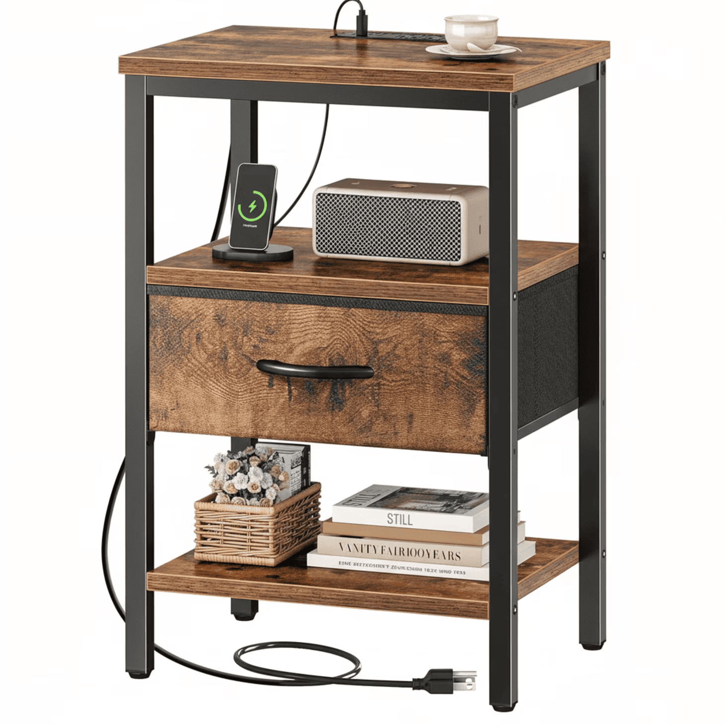 TEMU 1 Nightstands With Built-in Usb/type-c Power Outlets And Storage Drawers, Featuring Space-saving Open Shelving - Perfect For Bedrooms And Living Rooms