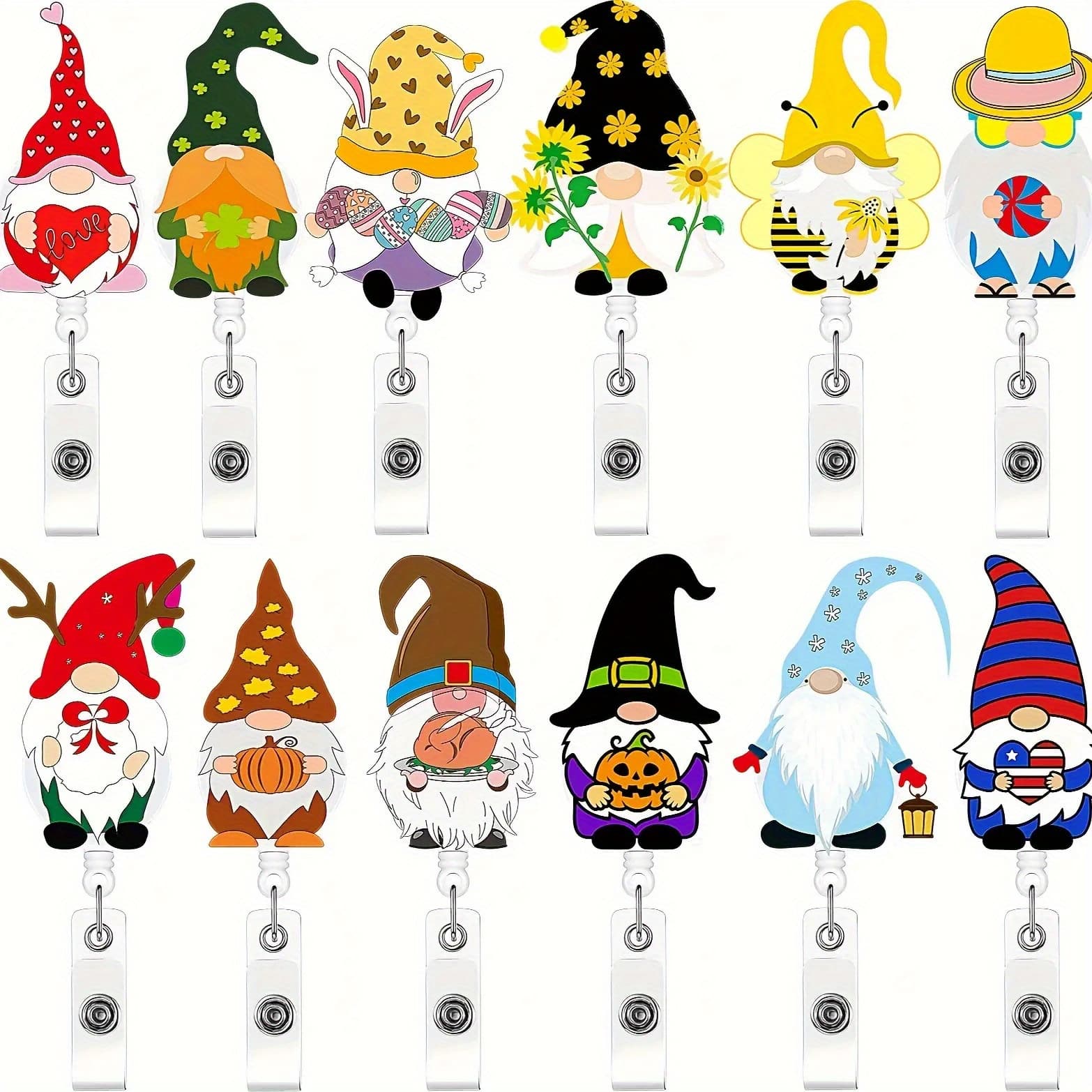 TEMU 2d 12 Gnome Holiday Badge Reels- Retractable Felt Clips With Colorful (halloween, Christmas, Thanksgiving) For Nurses, Teachers, Doctors