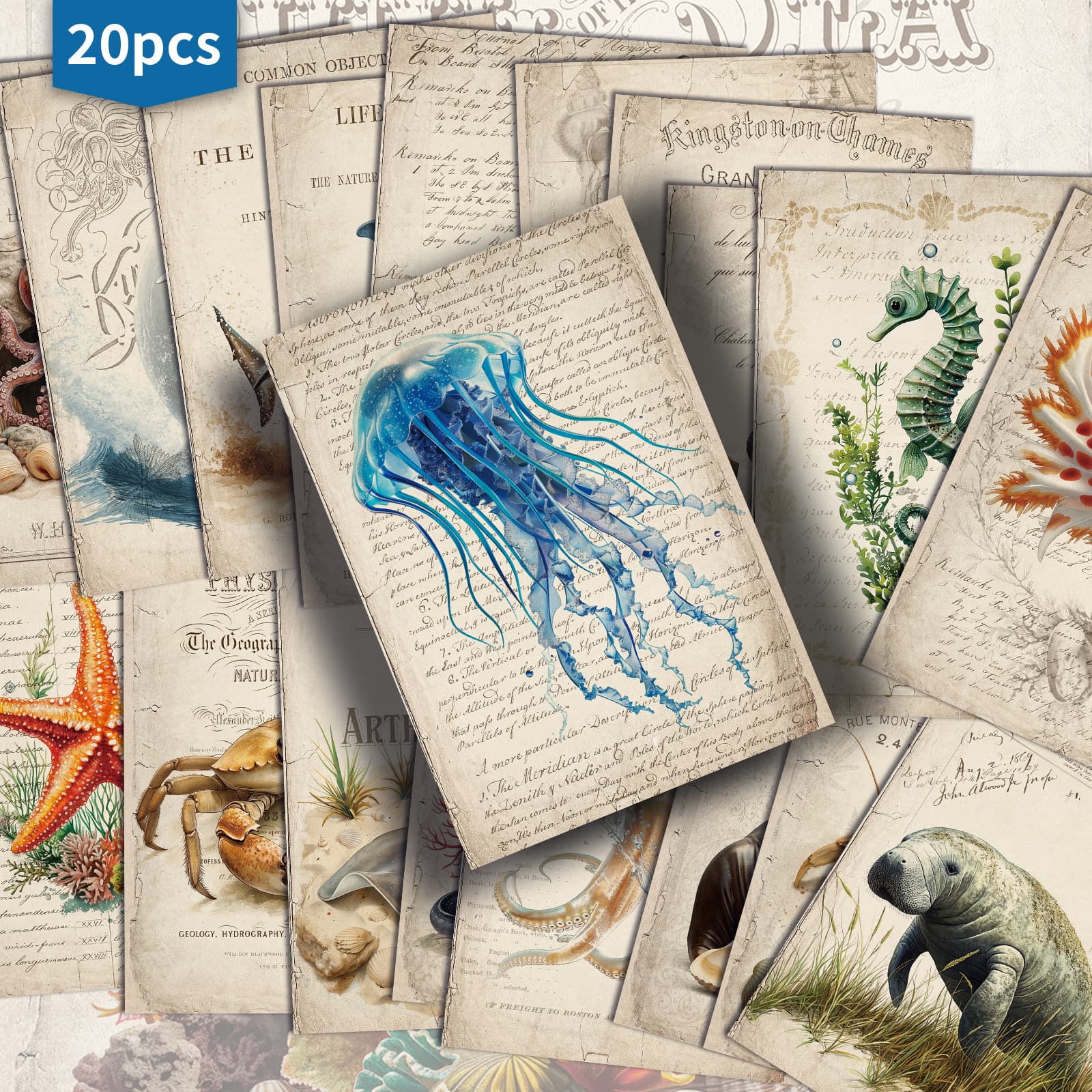 TEMU 20-pack Vintage Sea Animals Postcards - 4x6 Inches Retro Junk Journal Paper, Classic Pinup Illustrations, Collectible Decorative Painting Cards For Scrapbooking And Crafting