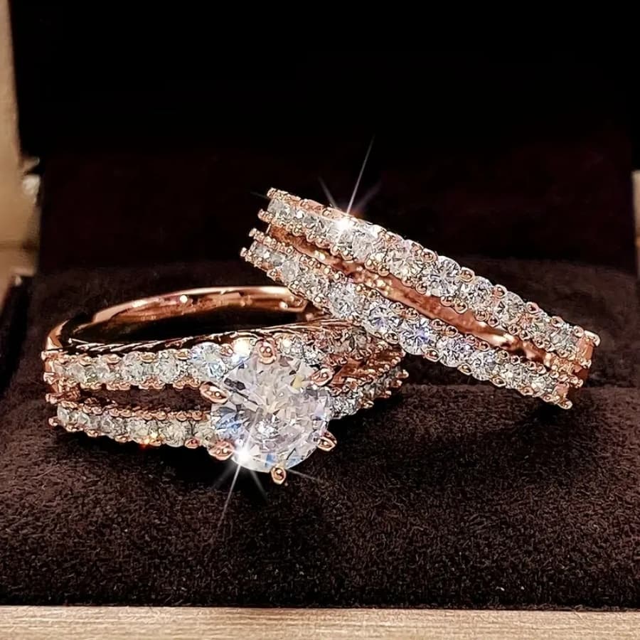 TEMU 2pcs/set Of Wedding Rings, 18k Golden Plated 6-claw Zirconia Inlaid Ring Suitable For Women's Engagement And Proposal Gifts, Jewelry
