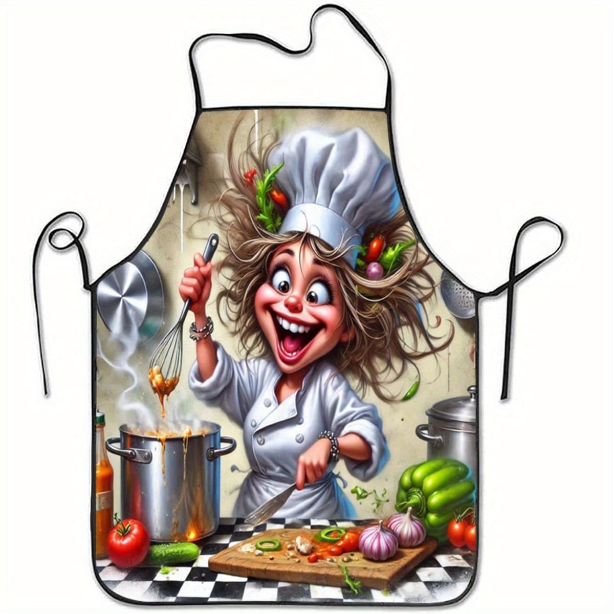 TEMU 1pc Apron With Smiling Female Chef Print & Hat Design - Polyester Kitchen Apron For Baking, Cooking, Coffee Making, & Use, Durable Cooking Apparel For Home & Professional Chefs