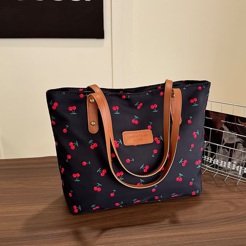 TEMU 1pc Women's Cherry Print Tote Bag, Large Capacity Nylon Shoulder Handbag, Minimalist Cute Commuter Tote Bag With Inner Pocket, Suitable For Work, School, Travel And Shopping, .