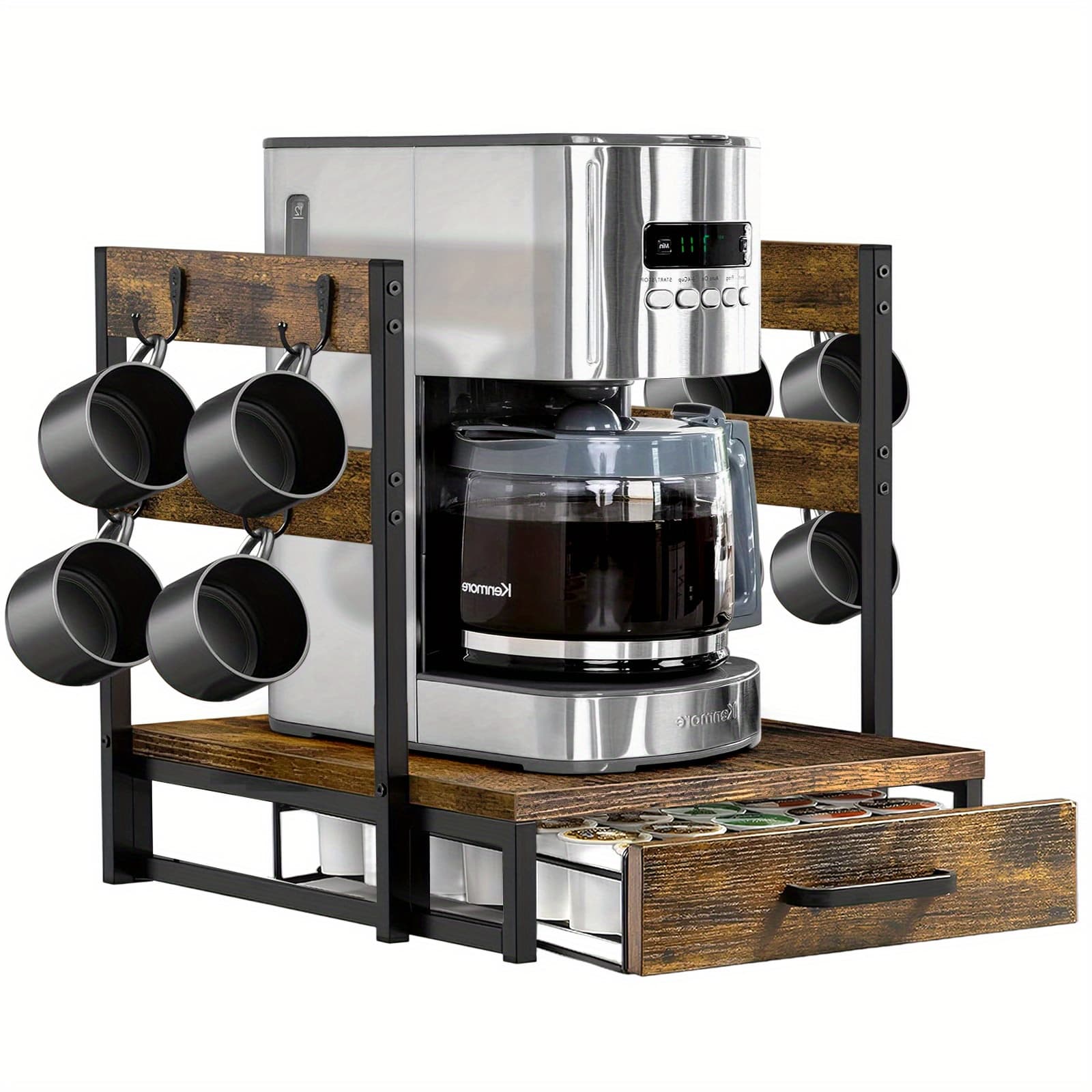 TEMU K Cup Holder Drawer - Coffee Pod Organizer For Counter, Sturdy K Cups Storage Drawer With Mug Rack, Coffee Maker Stand, 35 Capacity Pods, Kitchen Countertop, Counter Organizer