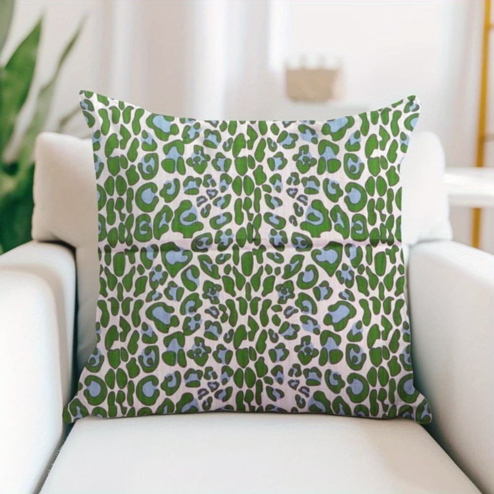 TEMU 1pc Green And Leopard Print Decorative Pillow Cover, Striped Animal , Stylish Throw Pillowcase For Sofa, Ideal For Bedroom And Living Room Home Decor, 18x18 Inch