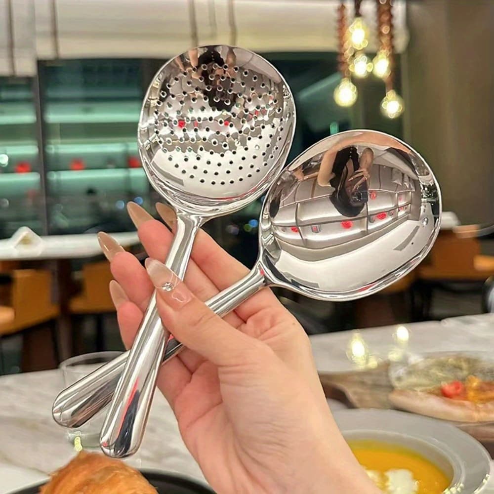 TEMU Stainless Steel Ladles For Serving Soup Rice Serving Spoon Drain Hole Heat Insulated Handle Kitchen Utensils For Daily Use