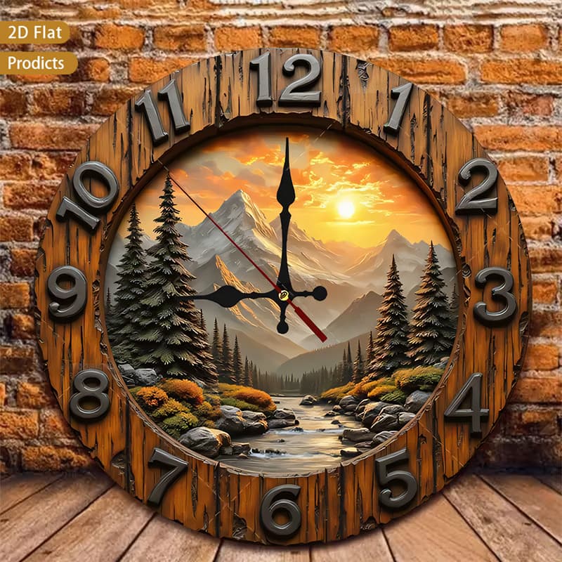 TEMU 2d Flat 1pc Rustic Mountain Sunset Wall Clock 12inch Nursery Wall Clock Silent Non-ticking Perfect For Kitchen, Bedroom, Office, Living Room, Battery-powered (1 Aa Required, Not Included)