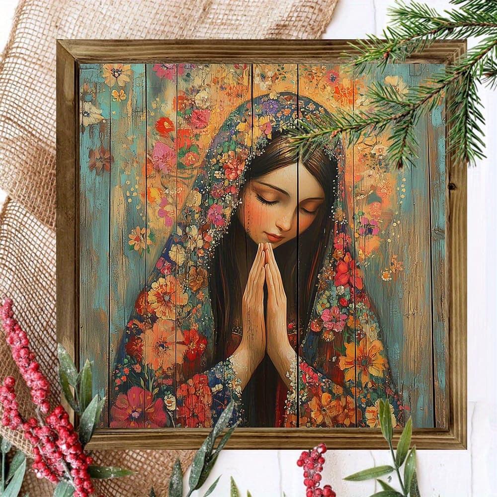 TEMU 2d Flat, 2d Flat, 1 Vintage Wooden Frame Sign - Rustic Religious Wall Decor, Praying Our , Vibrant Floral Pattern, 20x20 Cm Inspirational Art For Home, Office, Or Garden - Gift