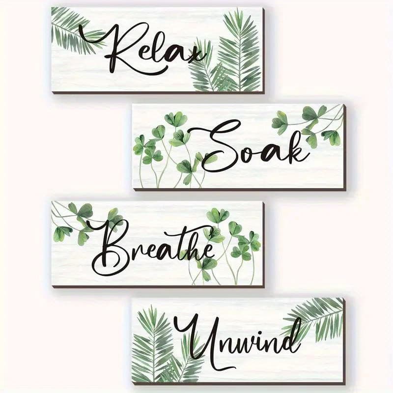 TEMU 4pcs Green Wall Art- Relax Soak Relax Breathe- Bedroom Bathroom Decorative Plaque 10x 4inch, With Double-sided Tape, No Batteries Needed, Featherless Suitable Any Holiday