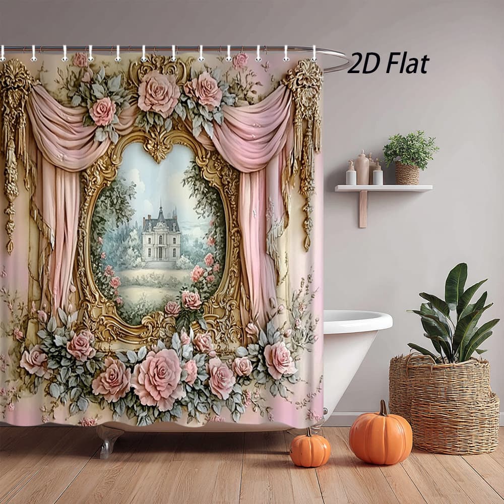 TEMU 1pc Vintage French Country Shower Curtain - & Design Bath Curtain, "x70.8", Elegant Bathroom Decor With 12 Hooks Included (compatible With Tub/shower), 2d Flat