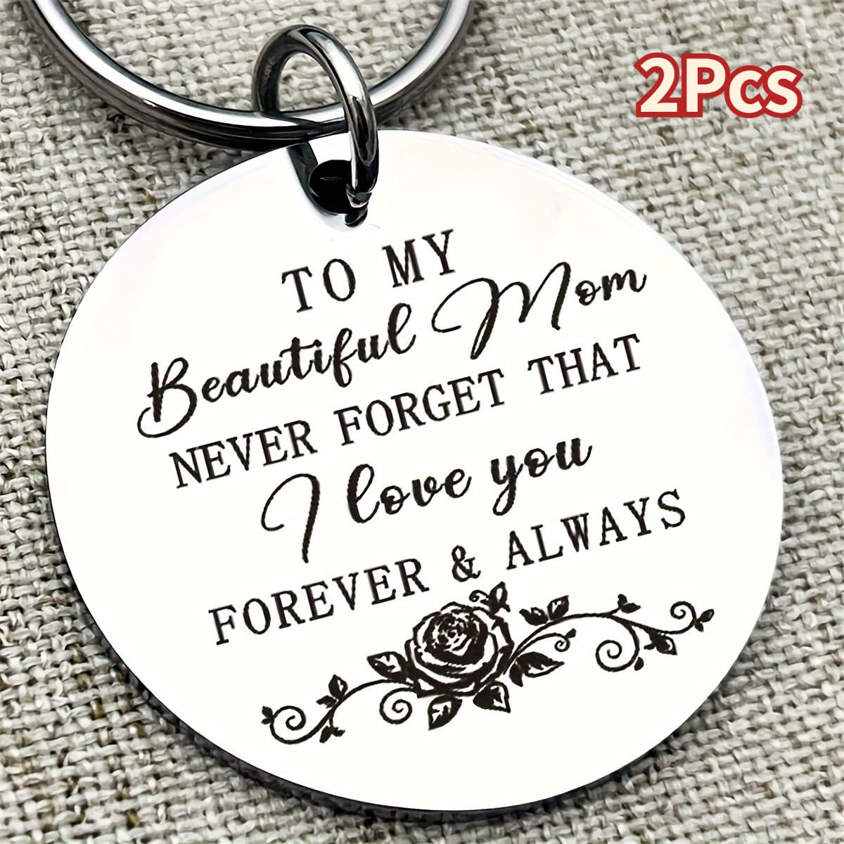 TEMU Set Of 2 Engraved Round Stainless Steel Keychains That Say "to My Beautiful Mom" - Featuring Floral Designs, A Keepsake Of , Personalized For , Durable And Resistant To Rust