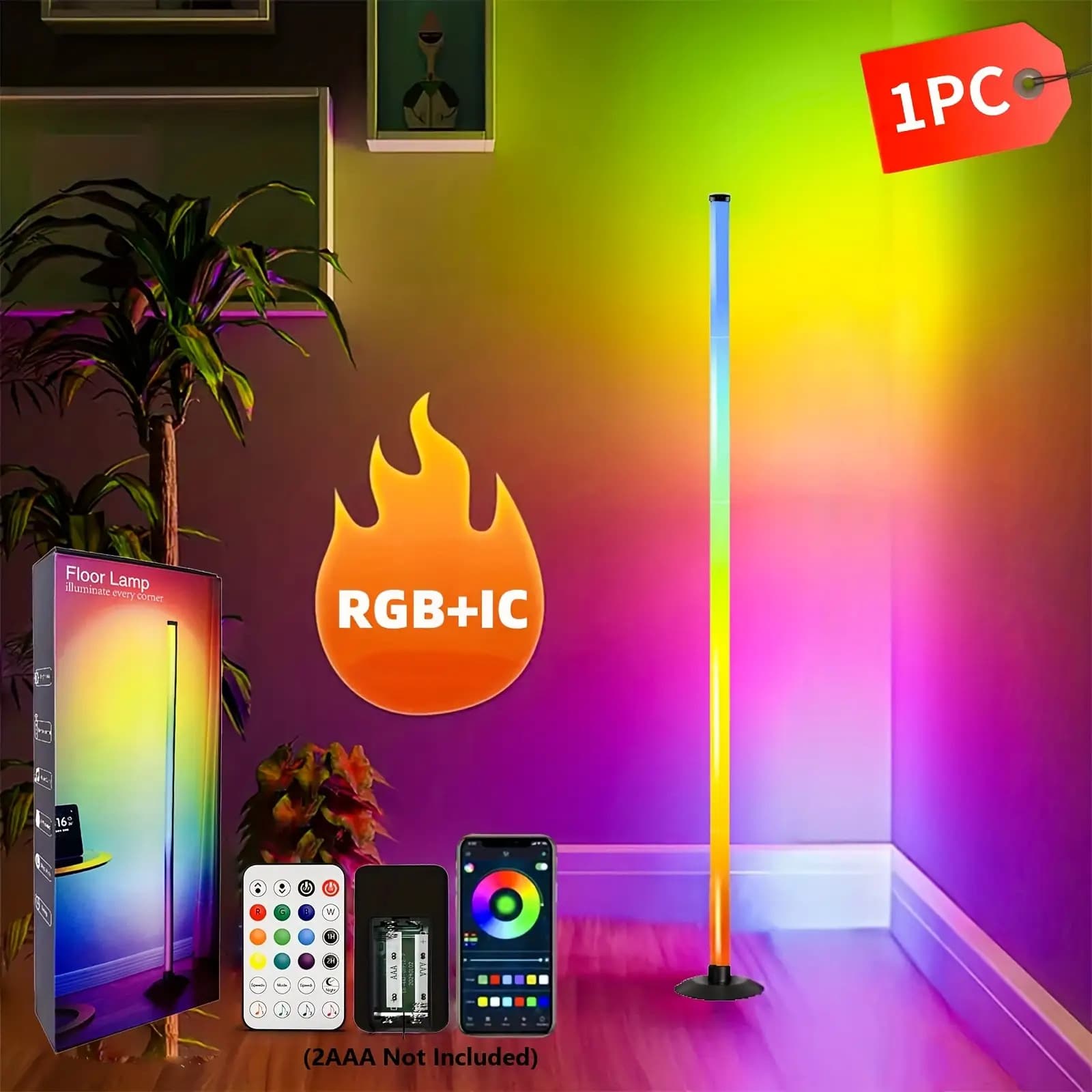 TEMU Smart Rgb Led Corner Floor Lamp With App & Remote, Music Sync Rgb, Adjustable Brightness/dimming, Modern Vertical Light Suitable For Living Room, Bedroom, Parties - Compatible Floor Lamp With