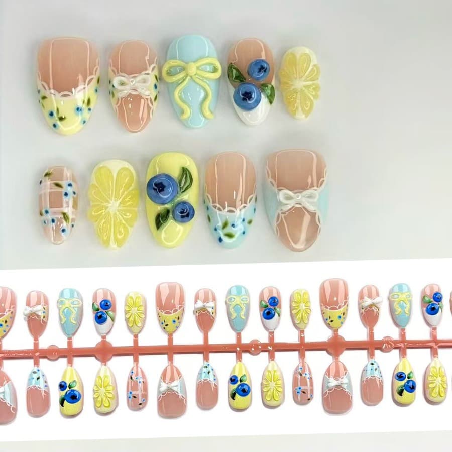 TEMU 48pcs Of 3d Lemon And Blueberry Bow Press-on Nails In A Long Almond Shape, Featuring A Cute Acrylic Design With A Pastel Base. Glossy Full-cover Glue-on Nails Are Perfect For Women And
