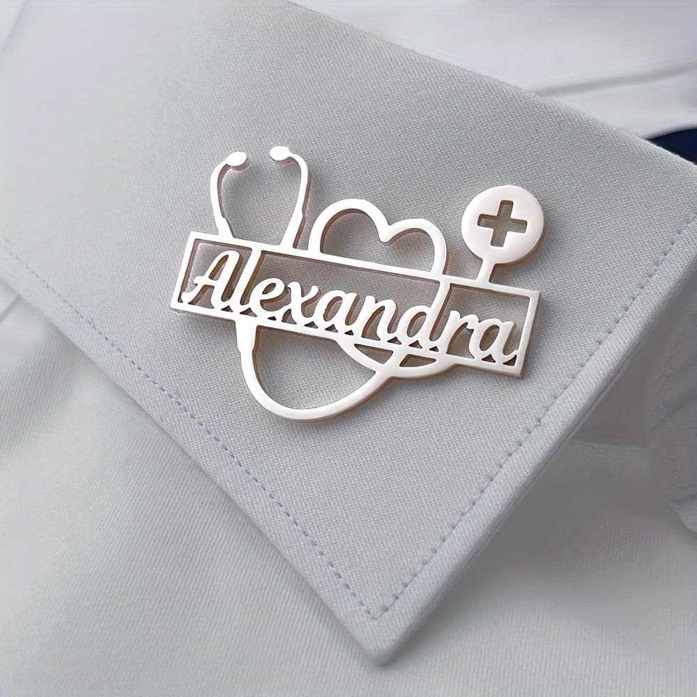 TEMU Custom Stethoscope Name Brooch Personalized Stethoscope Doctor Nurse Brooch Stainless Steel Name Tag Brooch Daily Versatile Accessory Women's Fashion Jewelry Language To English