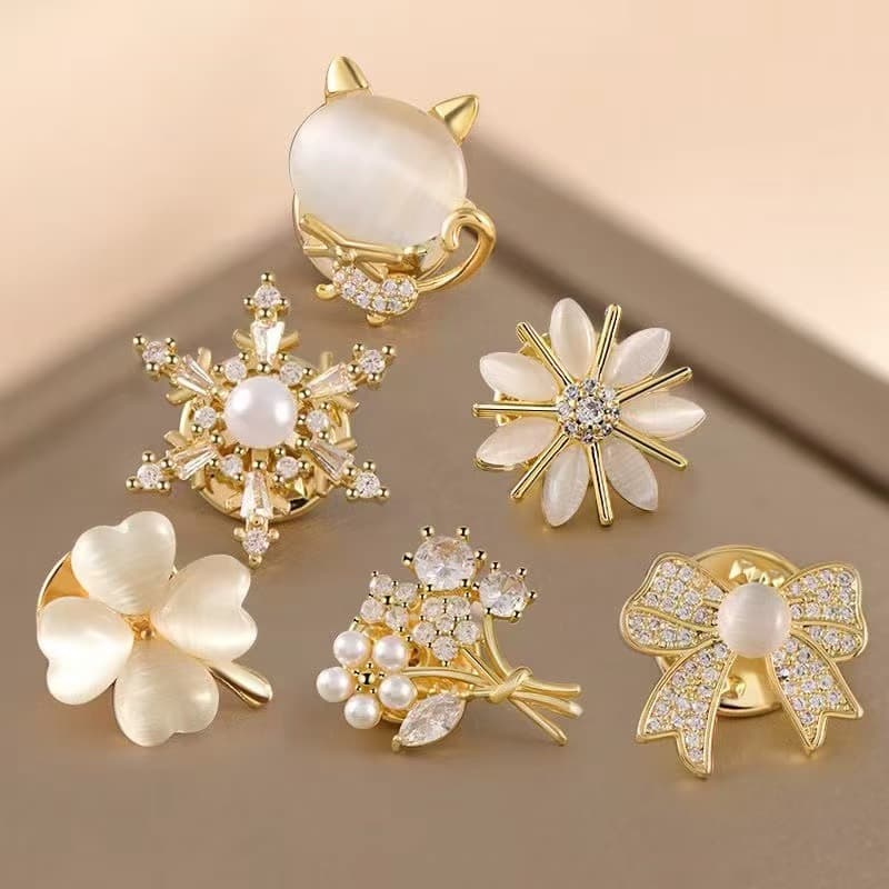 TEMU 6pcs Elegant Alloy Brooch Pins With Accents - Golden-tone Floral & Star Designs For Evening Wear, Casual Attire, Gifts, Brooches For Clothes, Evening Wear Accessories, Sophisticated