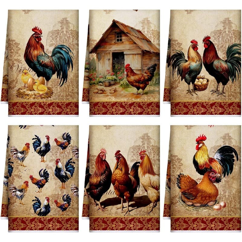 TEMU 6pcs Farmhouse Kitchen Towels, Rooster And Hen Design, 18x26 Inch, , Super Soft Polyester Dish Cloths, Machine Washable, For Room Decor, Great Housewarming Gift