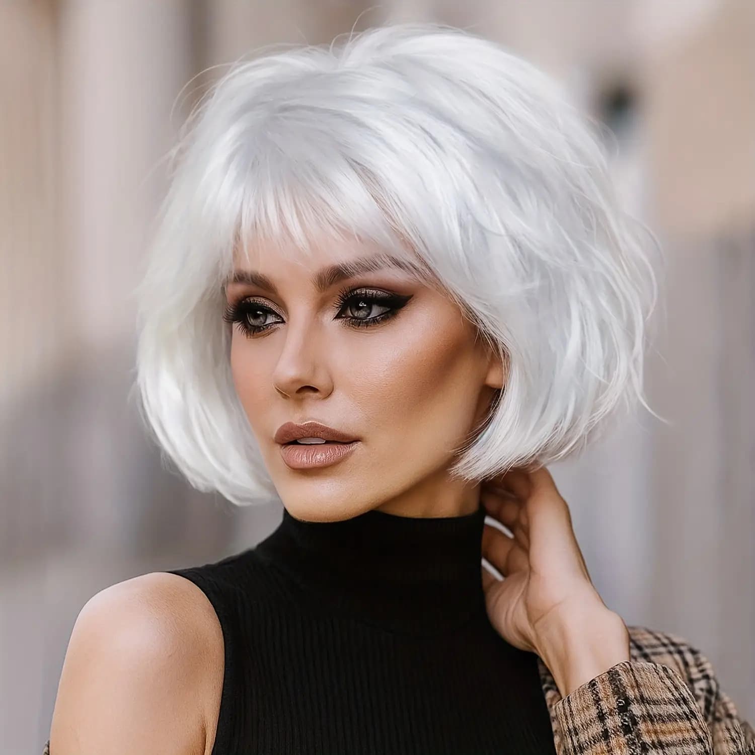 TEMU Synthetic Bob Wig For Women That Withstands Heat - Features With Short White Hair And Bangs, Requires No , Suitable For Cosplay Or Daily Wear - Easy To Style Using