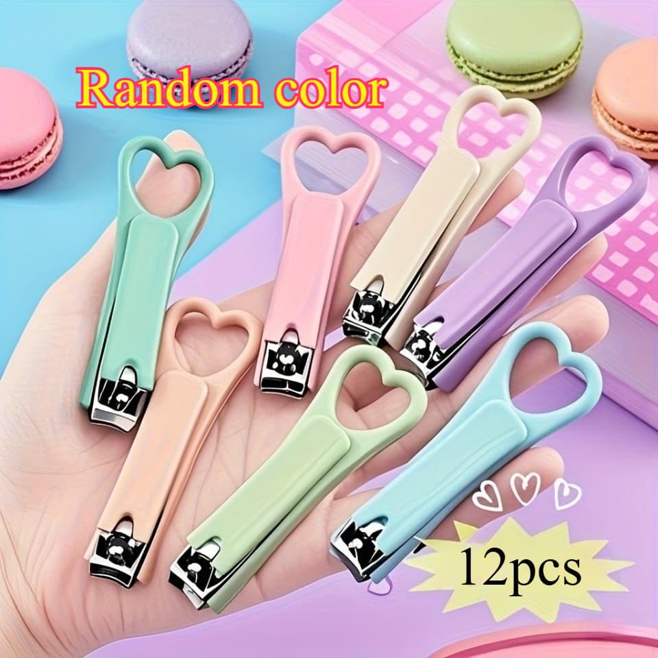 TEMU Random 12pcs Colors Cute Foldable Nail Clipper Set, Portable Nail And Pedicure Tool, Mini Heart-shaped Design Unisex Home Gift, Small Party , Optional