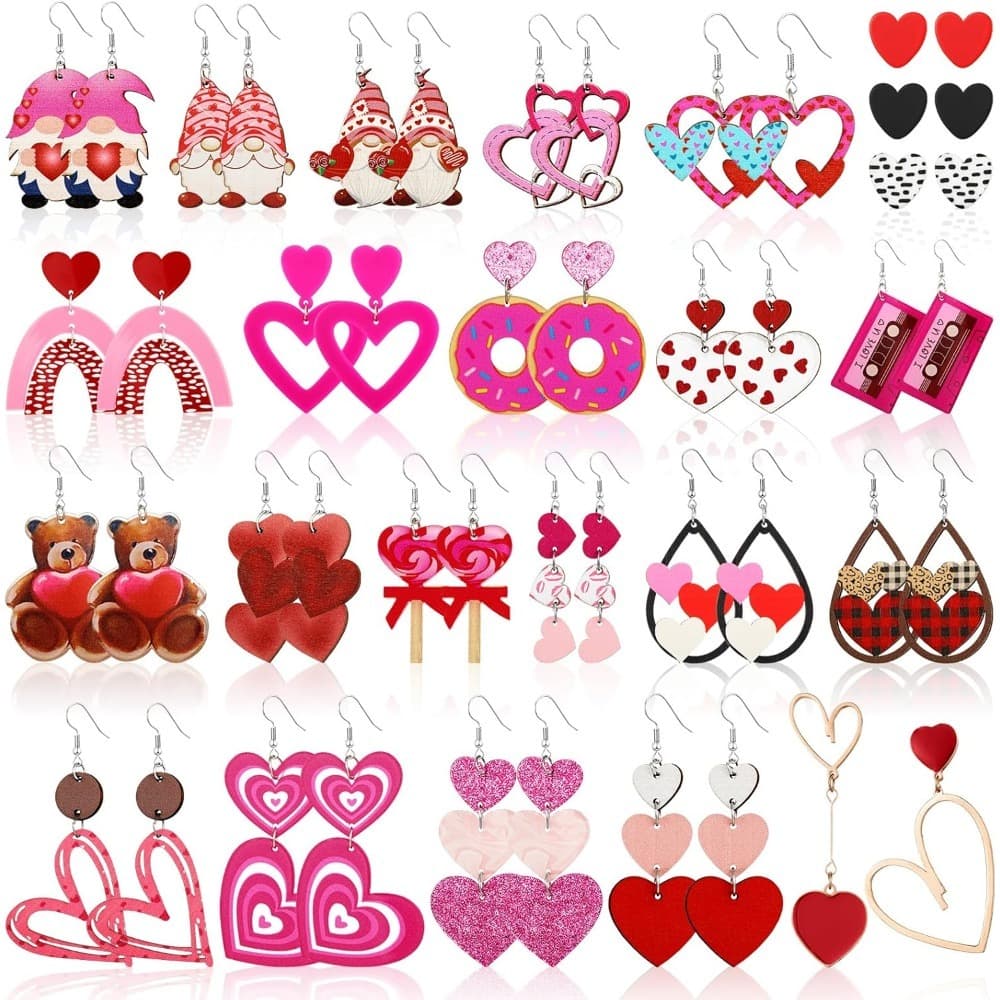 TEMU Valentine's Day Earrings Wood Bulk For Women Acrylic Heart Dangle Earrings Cute Love Jewelry Dangling Gift