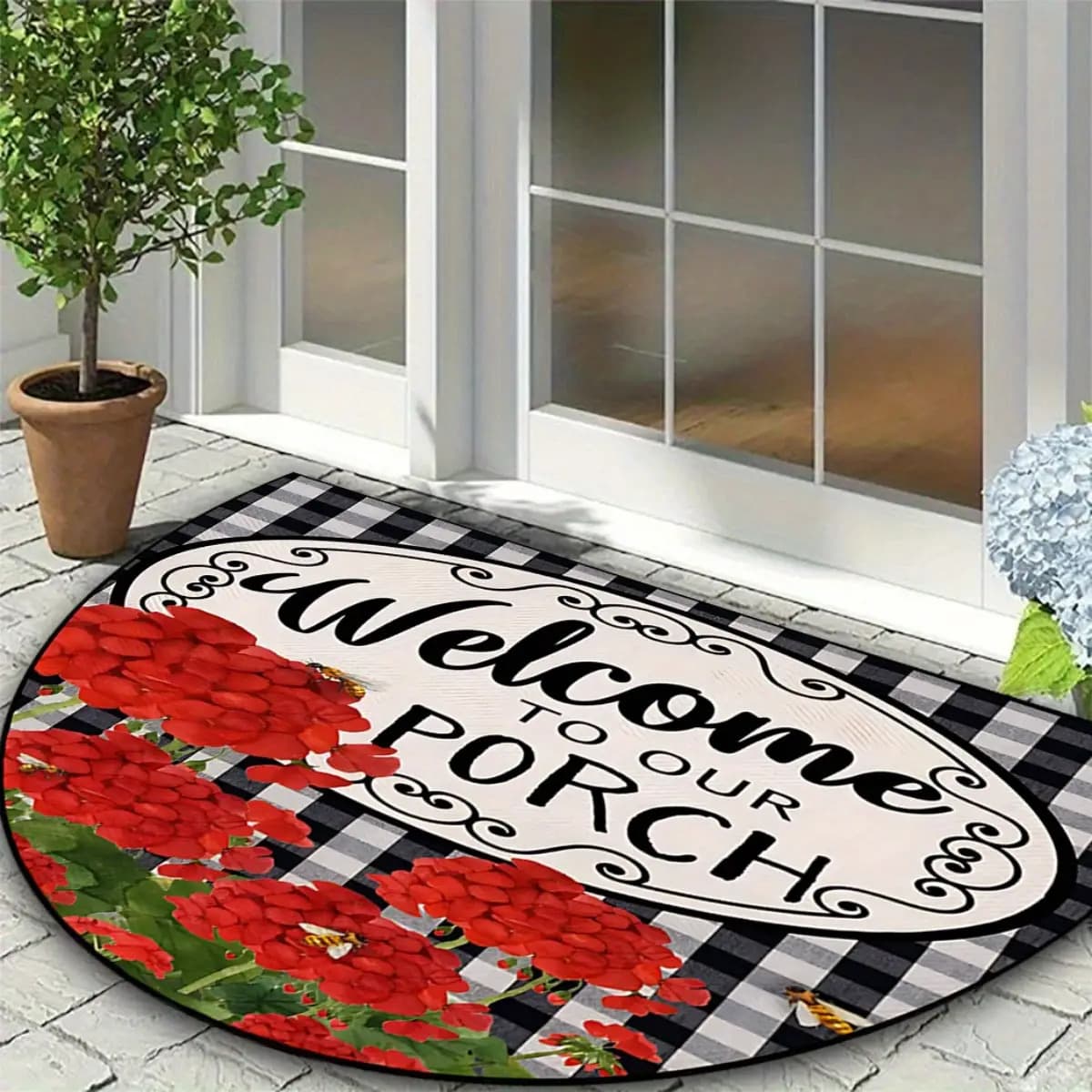 TEMU 1pc 2d Flathkstorage Semi-circular Door Mat, Red Geranium Black White Checkered Design| Ideal For Porch, Patio, Entryway| Multi-season Decor For Valentvintage Thanksgiving Reusable Zztm05