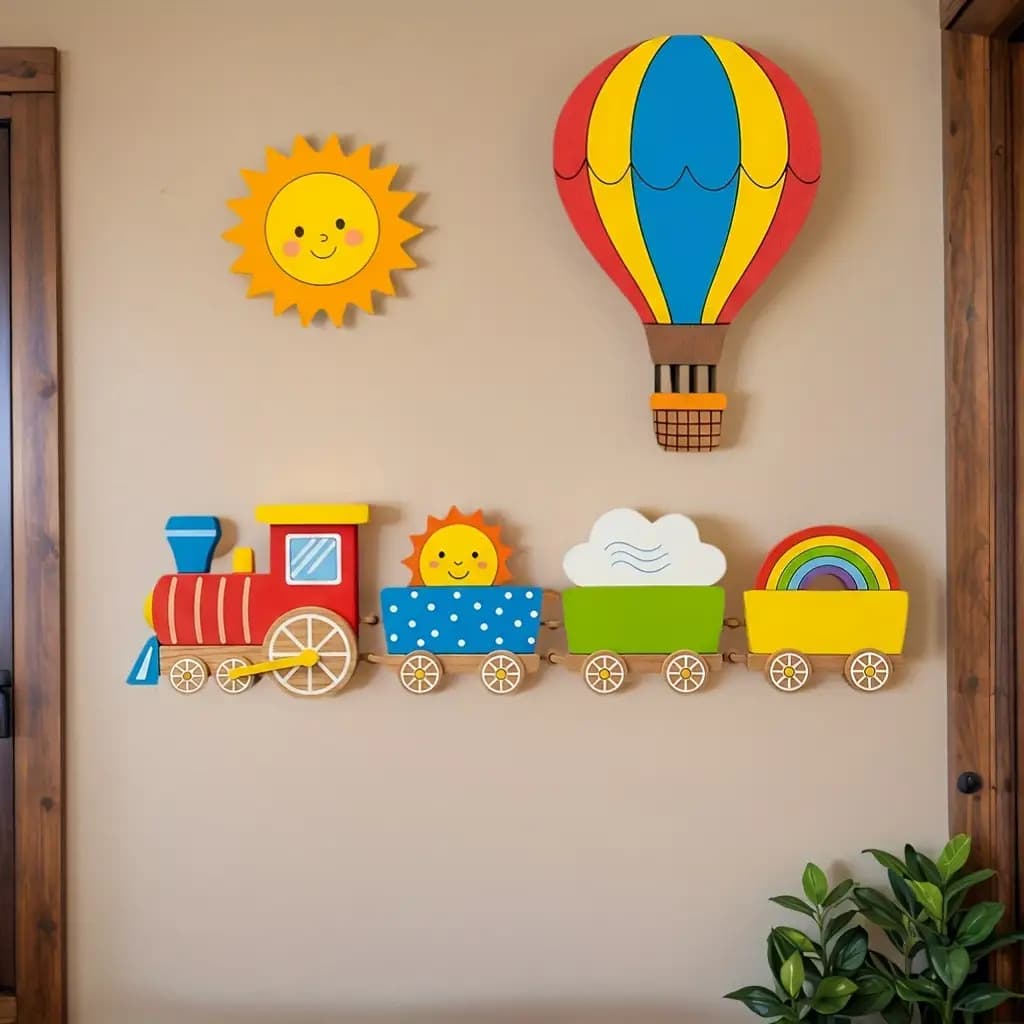 TEMU 2d Flat, Wooden 2d Flat Decoration- Wall Decor With, Hot Air Balloon, Cartoon Train And Shapes Kids' Room, 2d Flat