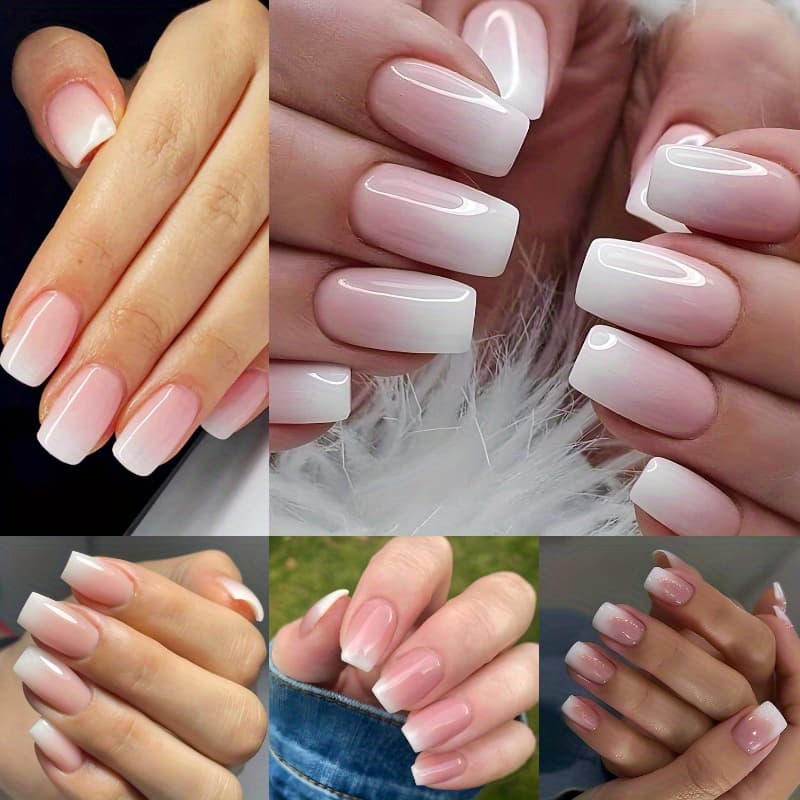 TEMU 120pcs (5 Sets) Of Medium Square Artificial Nails, Featuring A Pink And White French Gradient Design, Complete Acrylic Nail Set, Manually Pressed, Ideal For Women