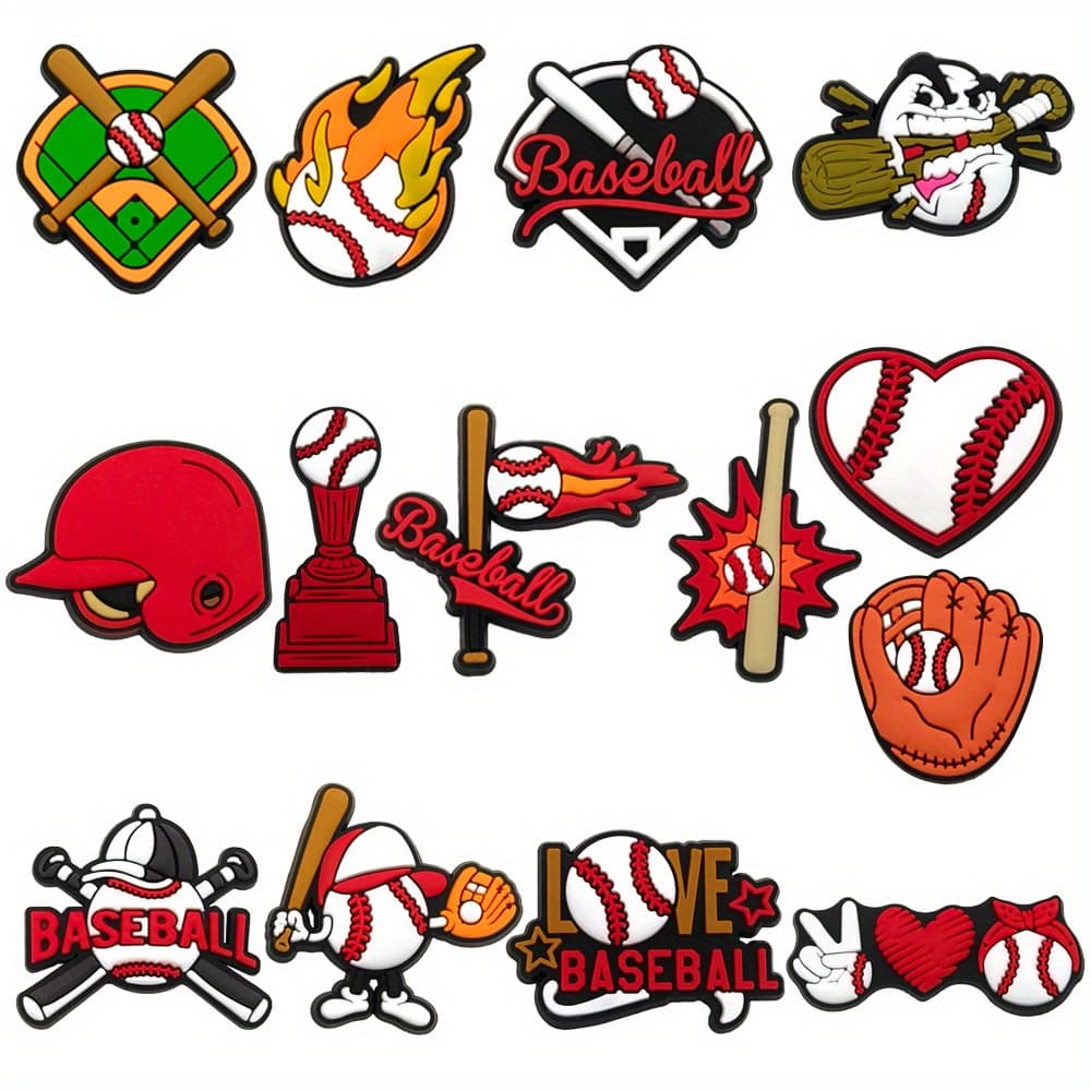 TEMU 14pcs Baseball-themed Shoe Charms Suitable For , Colorful Detachable Pvc With Twisted Knots & Baseball Caps/helmets/bats/pitches - Durable Gift For,, Christmas, Birthdays, Fans