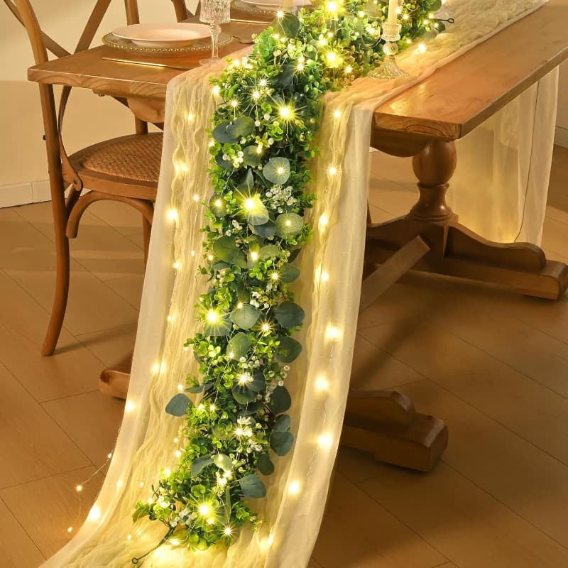 TEMU 4pcs Eucalyptus Garland With Lights, Greenery Garland, Green Garland With Flowers, 5.9ft Artificial Faux Eucalyptus Leaves Vines For Table Mantle Home Wedding Party Indoor Outdoor Decor