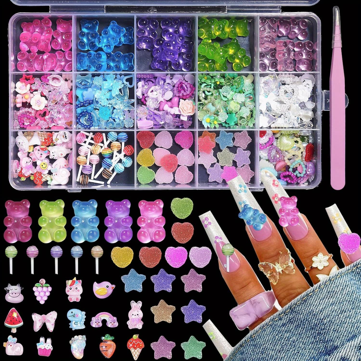 TEMU 3d Gummy Bear Cartoon For Nail Charms Set, Mixed Acrylic Flower Bowknots Heart Pearls For Nail Art Charms Colorful Candy Cute For Nail Charms For Nail Art Additions